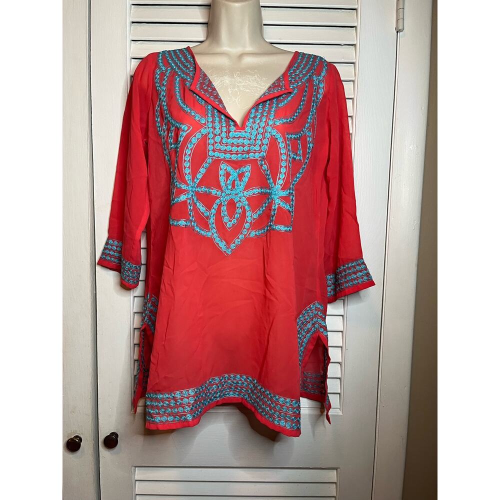 Gretchen Scott Designs silky 100% cotton tunic coral/blue ample fit XS Embroider